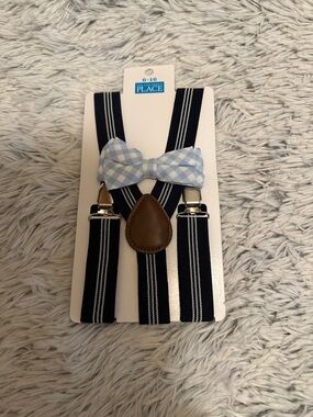 The Children's Place Boys 6-16 Navy Stripe Suspenders & Light Blue Gingham Bow